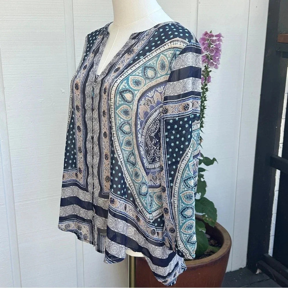 Lucky Brand Boho Chic Mixed Print Blue Paisley Button Flowy Chiffon Blouse / S - Picture 3 of 9